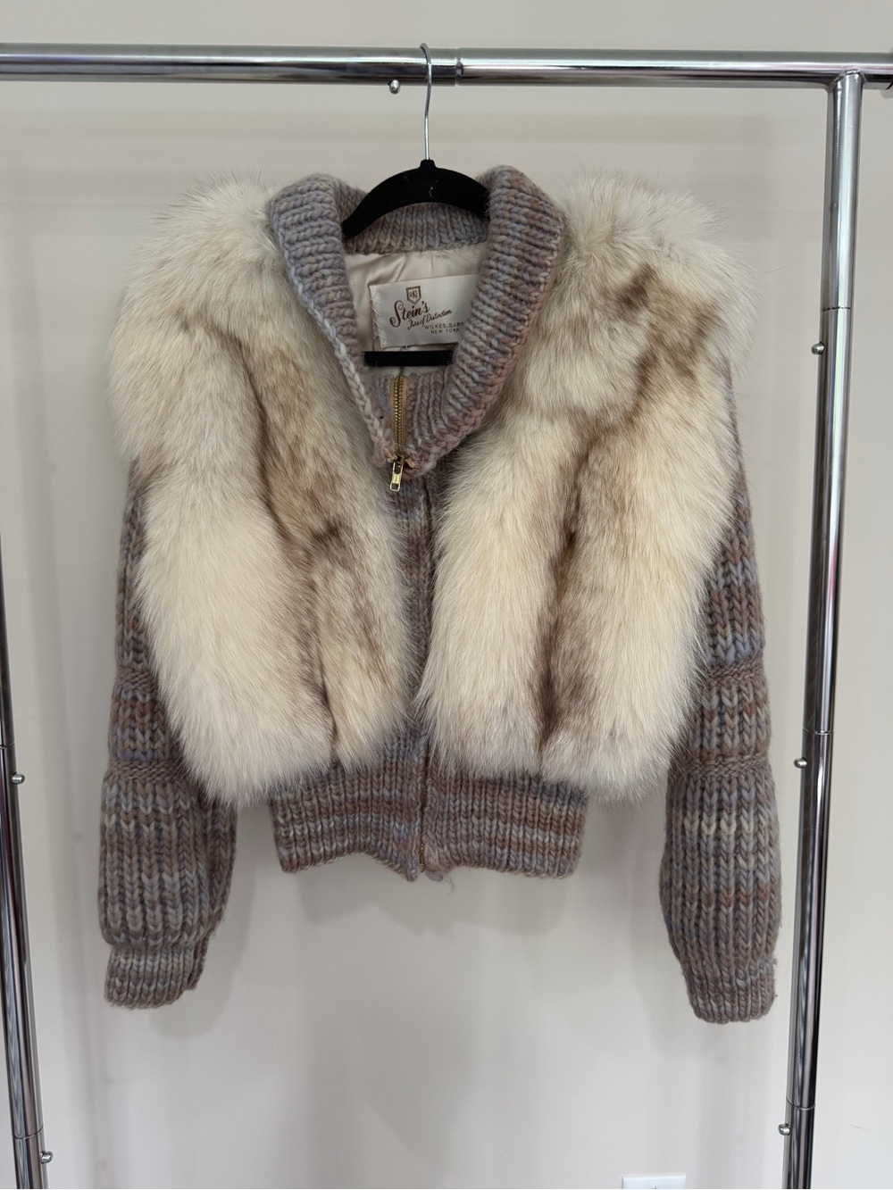 Vintage knit cardigan jacket featuring genuine fox fur